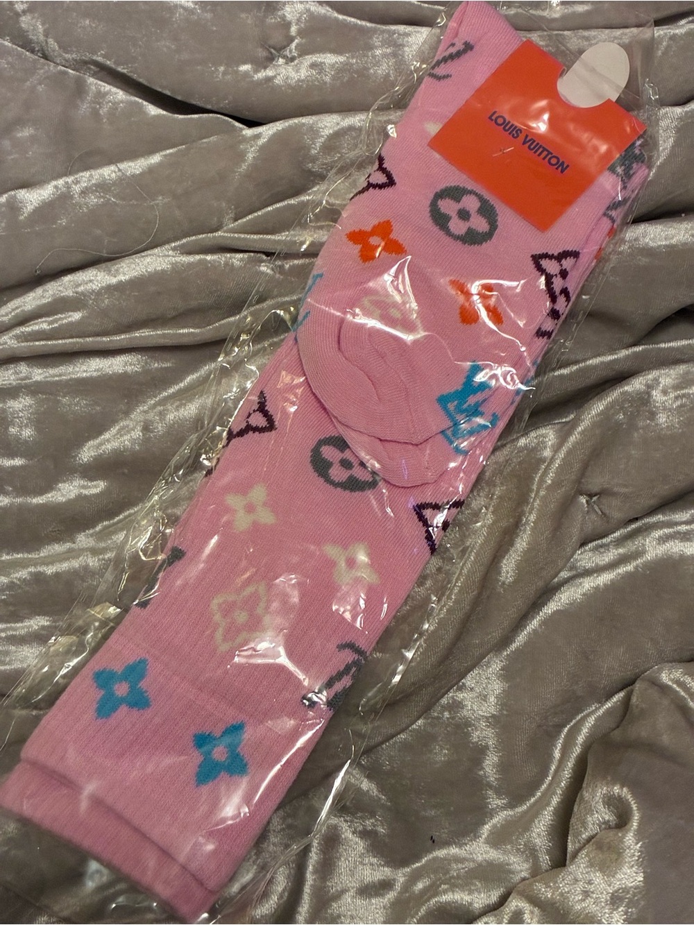 Pink Crew Socks with Multicolor Monogram